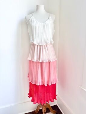 She & Sky Ombre Pleated Tiered Maxi Dress in White to Fuchsia Size Small